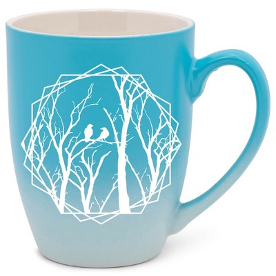 Elanze Designs Birds and Branches Two Toned Ombre Matte Teal and White 12 ounce Ceramic Stoneware Coffee Cup Mug