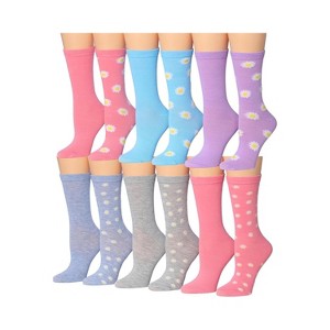 Tipi Toe Women's 12 Pairs Graceful Florals Soothing Tones Colorful Patterned Lightweight Crew Socks - 1 of 4