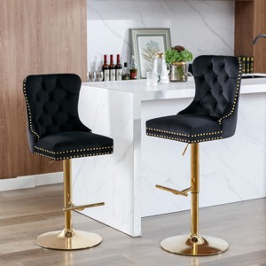 Set of 2 Swivel Velvet Bar Stools with Backs, Adjustable Height, Upholstered Barstools with Golden Base for Kitchen Island or Bar - Cuddlewood - 1 of 4