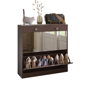 2 Tier Shoe Storage Cabinet With 2 Flip Drawers, Mirrored Narrow Shoes Rack Cabinet With 1 Storage Drawer, Hidden Shoe Storage Organizer For Entryway - 1 of 4