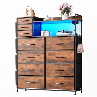 8+3 Drawers Fabric Dressers for Bedroom with 4 Side Pockets,LED Lights,Rustic Brown