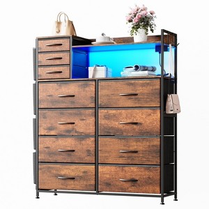 8+3 Drawers Fabric Dressers for Bedroom with 4 Side Pockets,LED Lights,Rustic Brown - 1 of 4