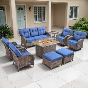 Belord Brown Wicker 9 Piece Patio Furniture Set with 5" Thick Cushions, 41" Propane Fire Pit Table Set with Swivel Glider Chairs and Club Chairs - 1 of 4