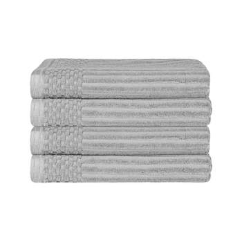 Plush Cotton Ribbed Checkered Border Medium Weight 4 Piece Bath Towel Set, Silver - Blue Nile Mills