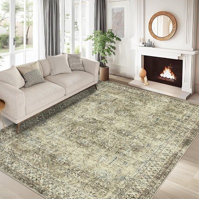 Washable Area Rug - Low Pile, Non-Slip, Floral Boho Design, Soft Faux Wool, Durable & Easy Care,9*12ft, Green