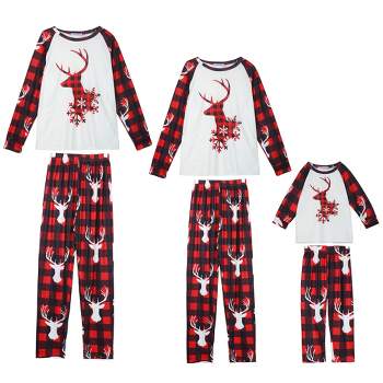 cheibear Christmas Deer Long Sleeve Tee and Plaid Pants Loungewear Family Pajama Sets