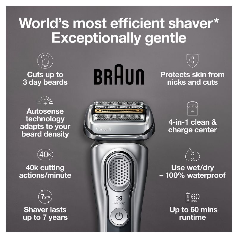 Braun Series 9-9370cc Men&#39;s Rechargeable Wet &#38; Dry Electric Foil Shaver with Clean &#38; Charge Station, 4 of 13