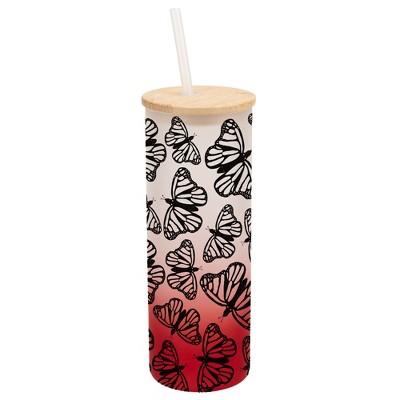 Elanze Designs Medium Monarch Butterfly Insect Bug Wrap-Around Design 25 Ounce Frosted Gradient Glass On-The-Go Coffee Travel Skinny Tumbler Mug Cup,