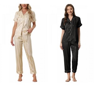 INSPIRE CHIC Women's 4 Pcs Satin Short-Sleeve Button-Up Sleepwear & Long-Pants Pajama Set - 1 of 4