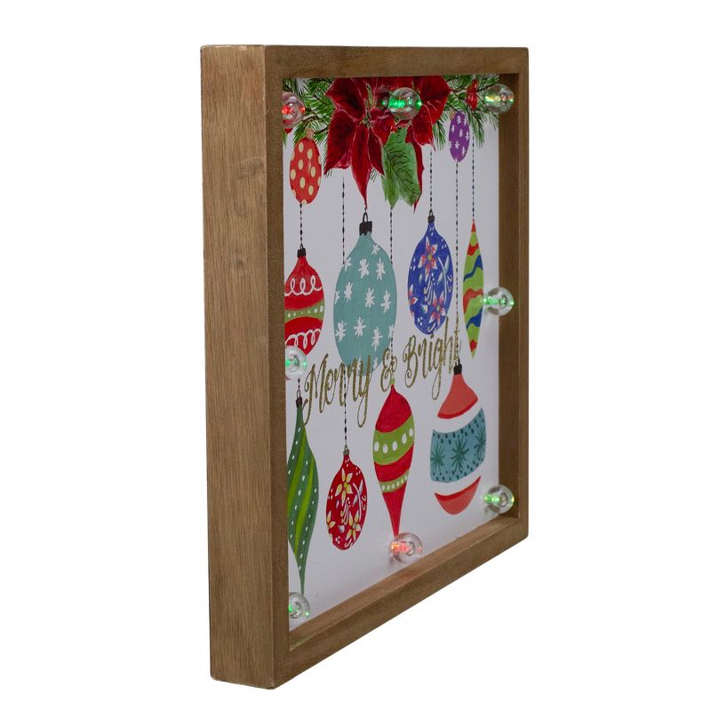 Northlight 11.8" Brown Wooden Frame "Merry & Bright" with Hanging Ornaments and Glitter Christmas Plaque, 2 of 4