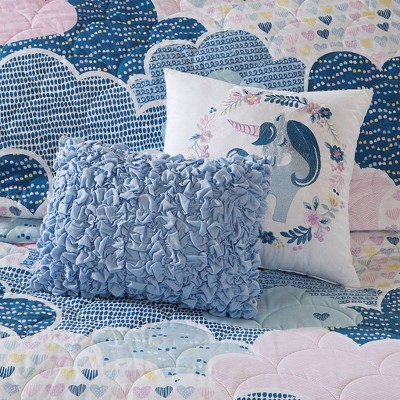 Blue Twin Cotton Reversible Fantasy Coverlet Set with Throw Pillows