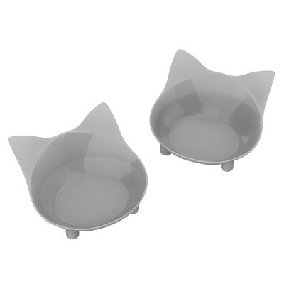 Pet Adobe Cat-Shaped Shallow Melamine Dishes for Food and Water - Set of 2, Light Gray