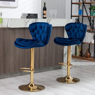 NicBex Set of 2 Bar Stools for Kitchen Island,Modern Velvet Counter Bar Stools with Golden Legs,Bar Chairs for Dining Rooms,Kitchens Islands,Blue/Gray