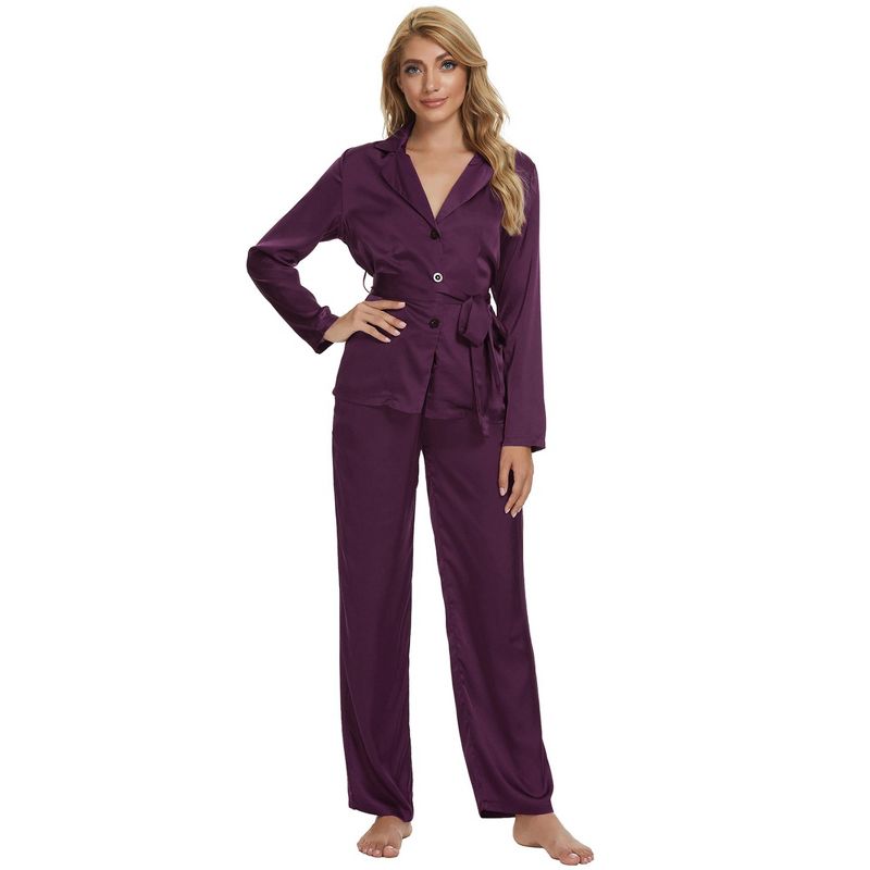 cheibear Womens Sleepwear V-Neck Tops with Belt Nightwear with Pants Loungewear Pajama Set, 2 of 6