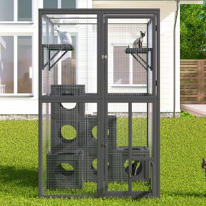 Catio Outdoor Cat Enclosure with Double Enter Doors, Grey Climbing shelves, Weatherproof Pine Wood Playground with 7 Freely Combination Wood Boxes - 1 of 4
