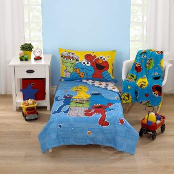 Sesame Street Come and Play Blue, Green, Red and Yellow, Elmo, Big Bird, Cookie Monster, Grover, and Oscar the Grouch 4 Piece Toddler Bed Set