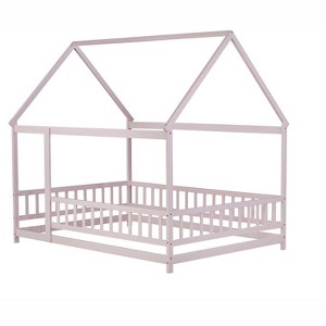 COWLOWN Full Size House Floor Bed with Roof & Safety Guardrails, Wooden Bed for Kids and Toddlers - 1 of 4