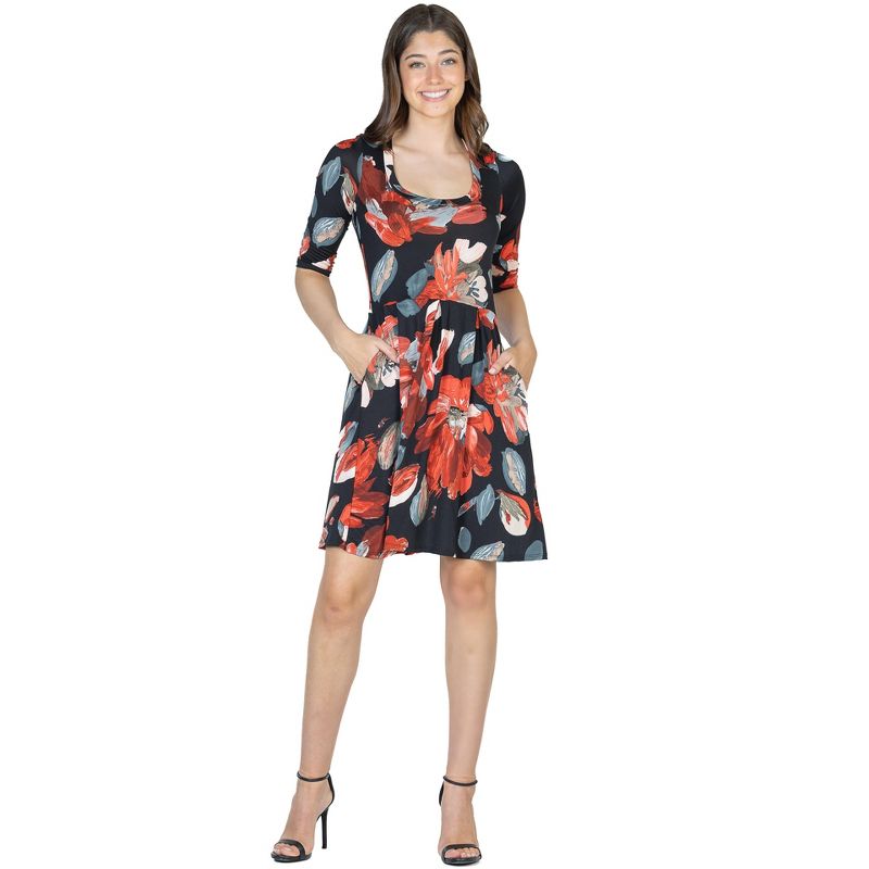 24seven Comfort Apparel Red Floral Three Quarter Sleeve Pleated Dress, 1 of 5