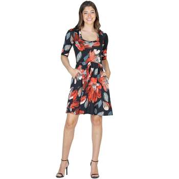 24seven Comfort Apparel Red Floral Three Quarter Sleeve Pleated Dress