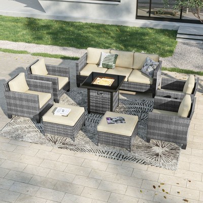 Sonkuki 8 Pieces Patio Sofa with Square Fire Pit Table and Ottomans, Wicker Conversation Couch, Light Gray Cushion
