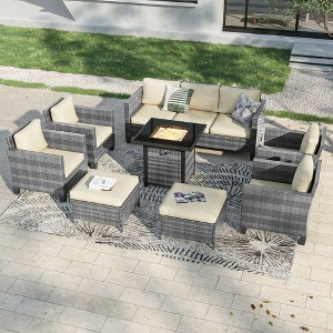 Sonkuki 8 Pieces Patio Sofa with Square Fire Pit Table and Ottomans, Wicker Conversation Couch, Light Gray Cushion - 1 of 4