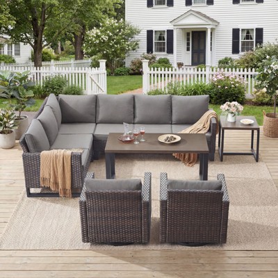 Buenhomino Outdoor Furniture Sectional Sofa L Shaped Couch - Patio Wicker Set with 2 Swivel Glider Chairs, 7 Piece Patio Conversation Set with Cushion