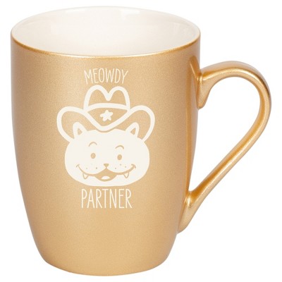 100 North Cowboy Hat Kitten 10 Ounce Vegas Gold Metallic Finish, Comfortably Fits Your Hands, New Bone China Coffee Tea Cup Mug, Meowdy Partner