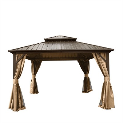 12X16 FT Outdoor Hardtop Gazebo,Gazebo With Galvanized Steel Double Roof Canopy And Curtains,Aluminum Metal Permanent Gazebo-Coolbibila