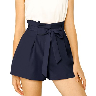 Allegra K Women's High Waist Bow Tie Short Paper Bag Shorts Navy Blue ...