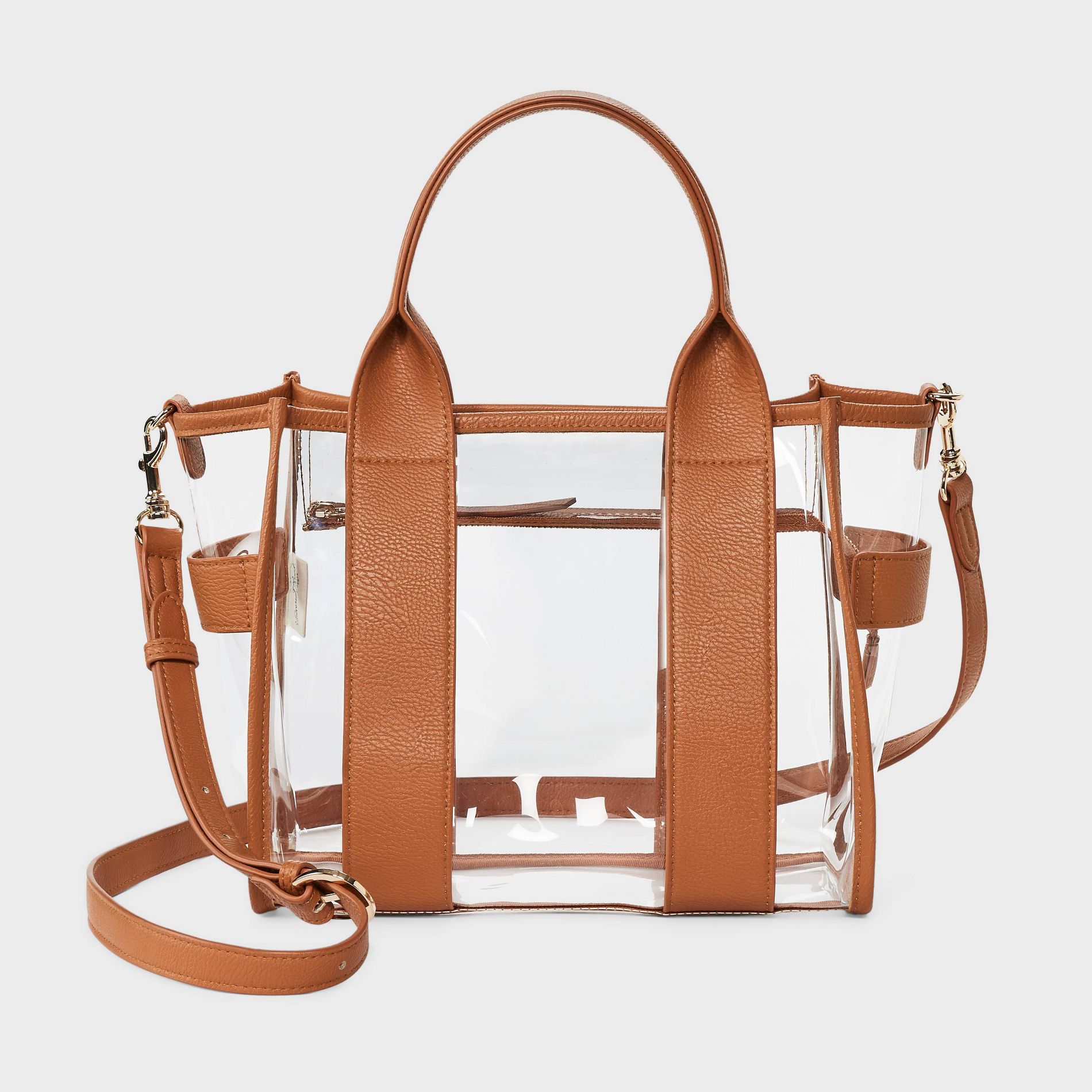 Mini Boxy Tote Handbag - Universal Thread™ Brown Clear: Double Handle, Vinyl, Adjustable Strap