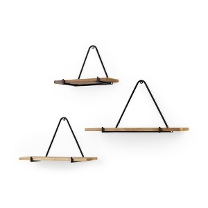 HomeRoots Set Of Three Black And Brown Metal And Solid Wood Triangle Wall Mounted Accent Shelves - 1 of 4
