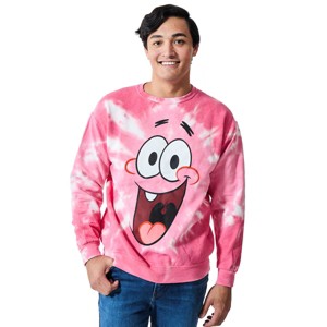 Spongebob Squarepants Big Face Patrick Men's Pink Spiral Wash Crew Neck Long Sleeve Fleece Sweatshirt - 1 of 2