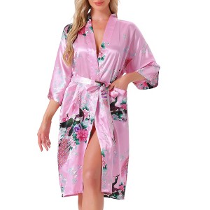 INSPIRE CHIC Women's Midi Robe Silky V-Neck Floral Print Sleepwear Bachelorette Robe Soft Nightgown - 1 of 4