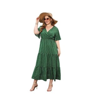 Women's Plus Size Polka Dot Dress Casual V Neck Short Sleeve Maxi Dress  A-Line Pleated Hem Swing Midi Sun Dress,green,1X : Target
