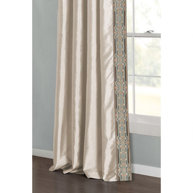 Luxury Traditional Regency Faux Silk Border Trim Window Curtain Panel Neutral/DustyBlue Single 52x84, 3 of 6