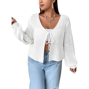Clearlove Womens Plus Size Lightweight Crochet Cardigan Long Sleeve Open Front Knit Cardigans Sweaters - 1 of 4