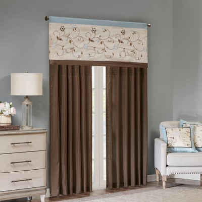 Blue Embroidered Light-Filtering Pleated Curtain Panel