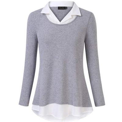 Women's Contrast Collared Shirts Patchwork Work Blouse Tunics Tops