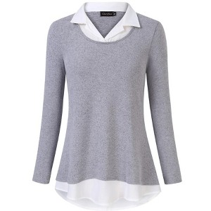 Women's Contrast Collared Shirts Patchwork Work Blouse Tunics Tops - 1 of 4