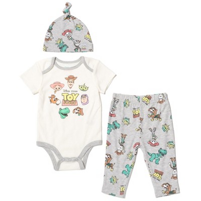 Image of Disney Pixar Toy Story Alien Rex Slinky Dog Newborn Baby Boys Bodysuit Pants and Hat 3 Piece Outfit Set Gray/White 3-6 Months