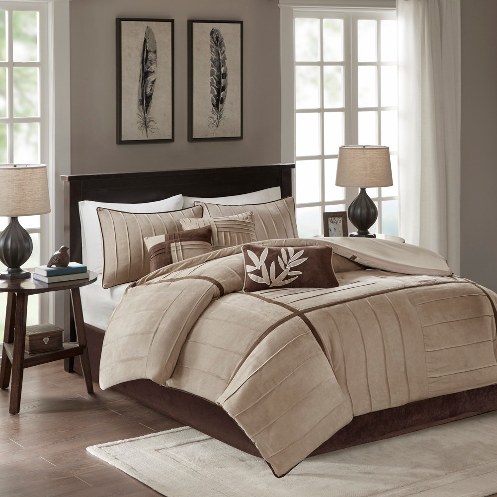 Photos - Duvet Madison Park Beige Landcaster Microsuede Pleated Comforter Set Full 7pc: F