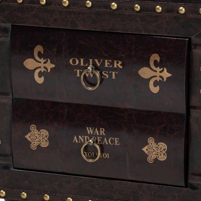 Charlier Rustic Dark Brown Faux Leather Storage Ottoman with Book Spine Drawer