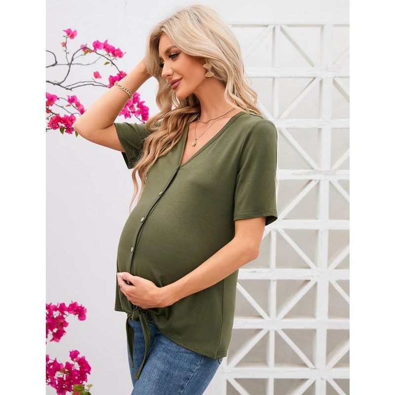 Maternity Short Sleeve T-Shirt Casual Button Down V Neck Nursing Tops Loose Breastfeeding Blouses, 2 of 8