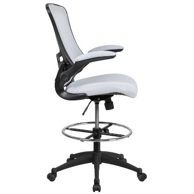 White Mesh and Leather Ergonomic Drafting Chair with Adjustable Arms