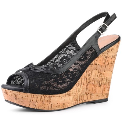 Perphy Women's Platform Heels Lace Bow Decor Slingback Wedge Sandals