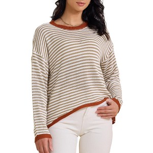 INSPIRE CHIC Women Striped Long Sleeve Drop Shoulder Curved Hem Pullover Top Sweater - 1 of 4