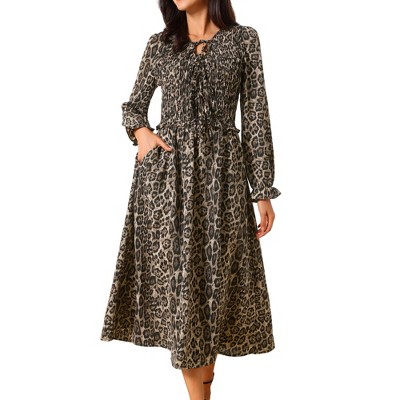 INSPIRE CHIC Women's Leopard Print Long Sleeve Tie V Neck Flowy Party Y2k Cheetah Dresses with Pockets