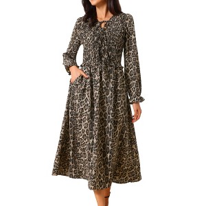 INSPIRE CHIC Women's Leopard Print Long Sleeve Tie V Neck Flowy Party Y2k Cheetah Dresses with Pockets - 1 of 4