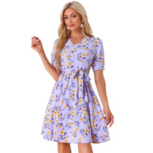 INSPIRE CHIC Women's Vintage Floral Peter Pan Collar High Waist Puff Sleeve A-line Midi Dress - 1 of 4