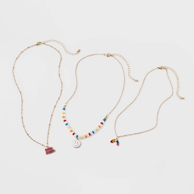 Girls&#39; 3pk Mixed Layered Necklace Set with Rainbow and Smiley Face Charms - Cat &#38; Jack&#8482;